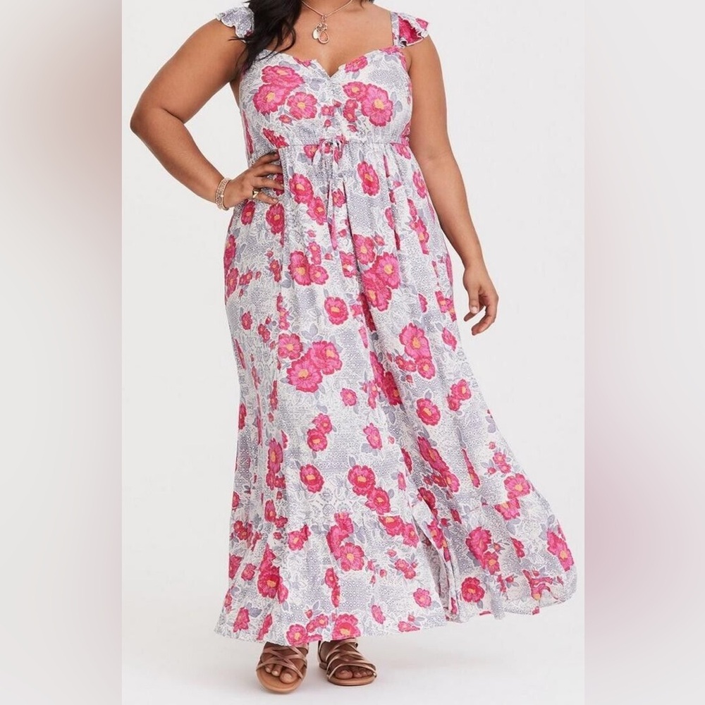 Torrid Floral Tiered Ruffle Strap V Neck Maxi Dress Grey Pink Plus Sz 0 #D75171